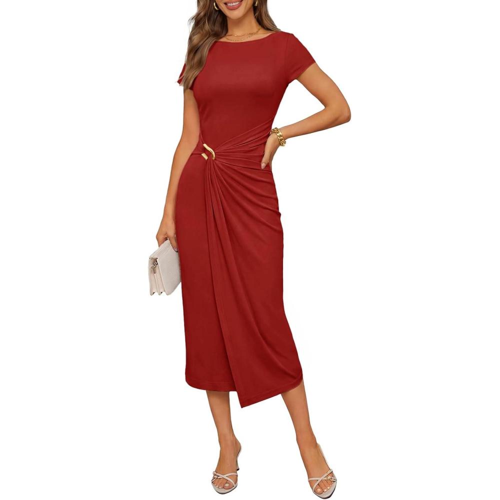 imageMEROKEETY Womens Summer Bodycon Wrap Midi Dresses 2026 Spring Short Sleeve Boat Neck Ruched Elegant Cocktail Party DressRed
