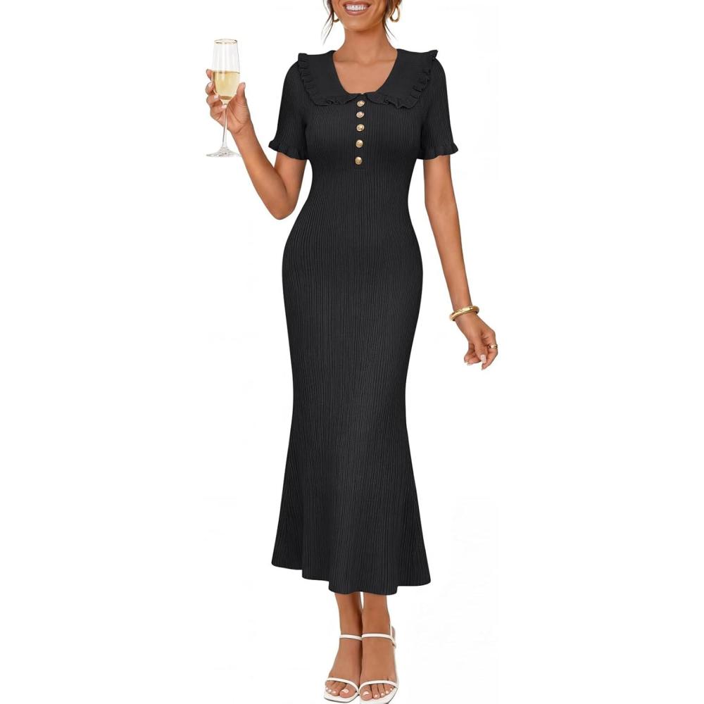 imageMEROKEETY Womens Summer Ruffled Midi Dress 2026 Spring Bodycon Short Sleeve V Neck Button Business Cocktail Sweater DressesBlack
