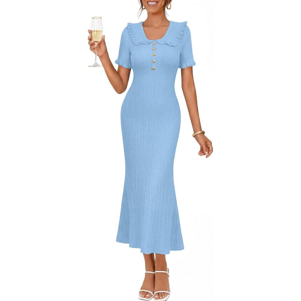 imageMEROKEETY Womens Summer Ruffled Midi Dress 2026 Spring Bodycon Short Sleeve V Neck Button Business Cocktail Sweater DressesBlue