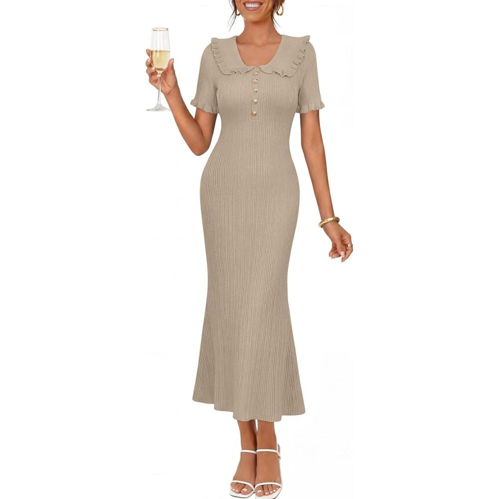 imageMEROKEETY Womens Summer Ruffled Midi Dress 2026 Spring Bodycon Short Sleeve V Neck Button Business Cocktail Sweater DressesKhaki