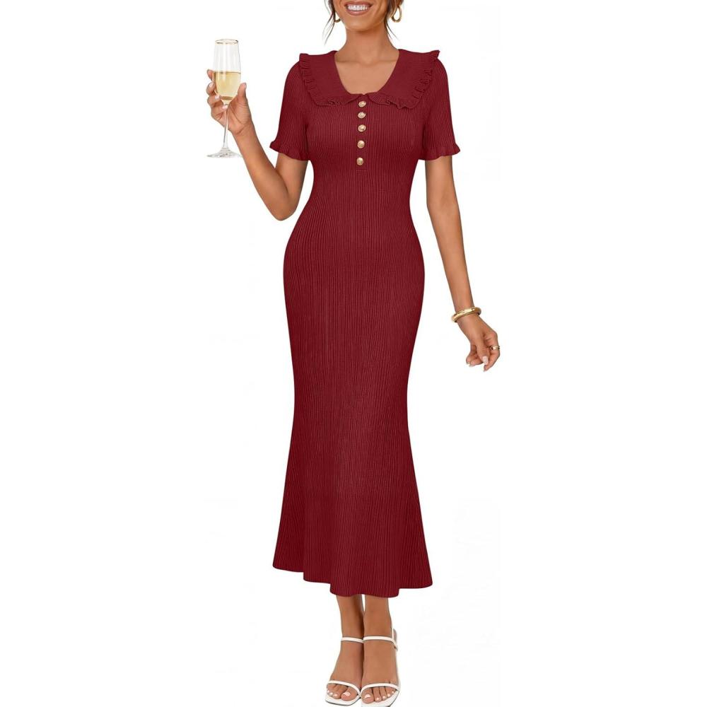 imageMEROKEETY Womens Summer Ruffled Midi Dress 2026 Spring Bodycon Short Sleeve V Neck Button Business Cocktail Sweater DressesWine