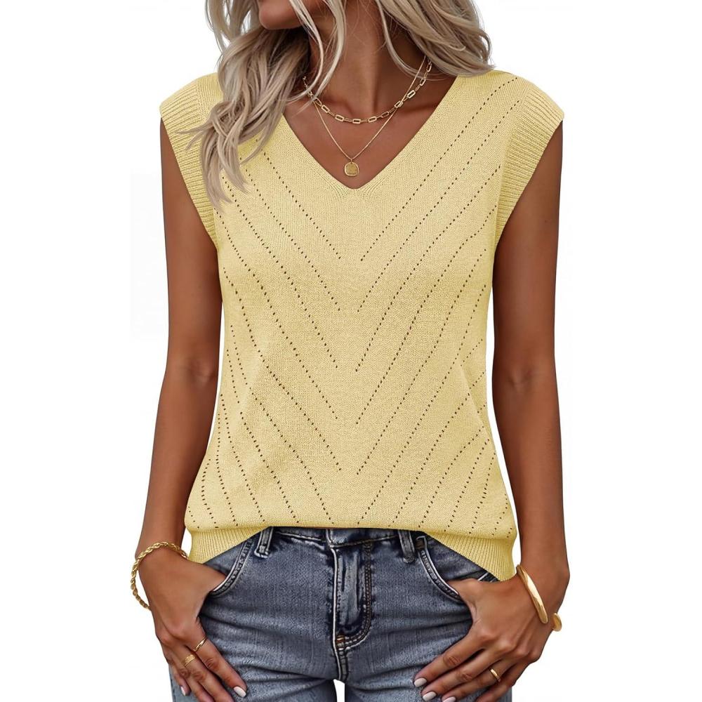 imageMEROKEETY Womens Summer V Neck Knit Tank Top 2026 Spring Sleeveless Sweater Vest Business Casual Shirt Outfit Fashion ClothesLightyellow