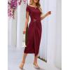 MEROKEETY Women’s Summer Bodycon Wrap Midi Dresses 2026 Spring Short Sleeve Boat Neck Ruched Elegant Cocktail Party Dress(Burgundy)