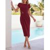 MEROKEETY Women’s Summer Bodycon Wrap Midi Dresses 2026 Spring Short Sleeve Boat Neck Ruched Elegant Cocktail Party Dress(Burgundy)
