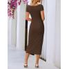 MEROKEETY Women’s Summer Bodycon Wrap Midi Dresses 2026 Spring Short Sleeve Boat Neck Ruched Elegant Cocktail Party Dress(Coffee)