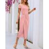 MEROKEETY Women’s Summer Bodycon Wrap Midi Dresses 2026 Spring Short Sleeve Boat Neck Ruched Elegant Cocktail Party Dress(Pink)