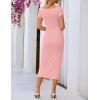 MEROKEETY Women’s Summer Bodycon Wrap Midi Dresses 2026 Spring Short Sleeve Boat Neck Ruched Elegant Cocktail Party Dress(Pink)