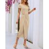 MEROKEETY Women’s Summer Bodycon Wrap Midi Dresses 2026 Spring Short Sleeve Boat Neck Ruched Elegant Cocktail Party Dress(Sand)