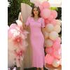 MEROKEETY Women’s Summer Ruffled Midi Dress 2026 Spring Bodycon Short Sleeve V Neck Button Business Cocktail Sweater Dresses(Pink)