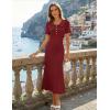 MEROKEETY Women’s Summer Ruffled Midi Dress 2026 Spring Bodycon Short Sleeve V Neck Button Business Cocktail Sweater Dresses(Wine)