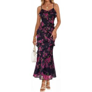MEROKEETY Womens Spring Wedding Guest Dress 2026 Summer Beach Floral Cocktail Party Formal Ruffle Bodycon Maxi Dresses(Black)