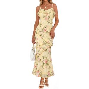 MEROKEETY Womens Spring Wedding Guest Dress 2026 Summer Beach Floral Cocktail Party Formal Ruffle Bodycon Maxi Dresses(Yellow)