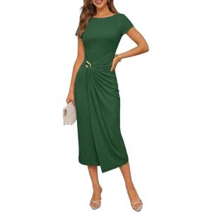 MEROKEETY Women’s Summer Bodycon Wrap Midi Dresses 2026 Spring Short Sleeve Boat Neck Ruched Elegant Cocktail Party Dress(Green)