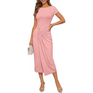 MEROKEETY Women’s Summer Bodycon Wrap Midi Dresses 2026 Spring Short Sleeve Boat Neck Ruched Elegant Cocktail Party Dress(Pink)
