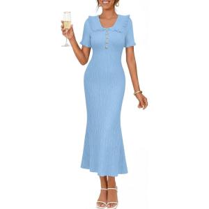 MEROKEETY Women’s Summer Ruffled Midi Dress 2026 Spring Bodycon Short Sleeve V Neck Button Business Cocktail Sweater Dresses(Blue)