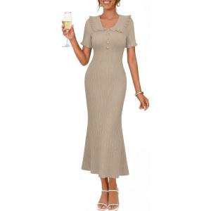 MEROKEETY Women’s Summer Ruffled Midi Dress 2026 Spring Bodycon Short Sleeve V Neck Button Business Cocktail Sweater Dresses(Khaki)