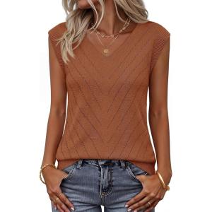 MEROKEETY Womens Summer V Neck Knit Tank Top 2026 Spring Sleeveless Sweater Vest Business Casual Shirt Outfit Fashion Clothes(Caramel)