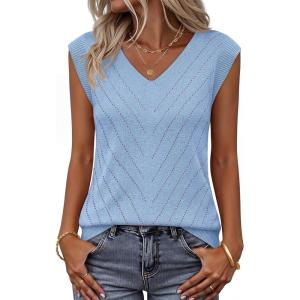 MEROKEETY Womens Summer V Neck Knit Tank Top 2026 Spring Sleeveless Sweater Vest Business Casual Shirt Outfit Fashion Clothes(Lightblue)