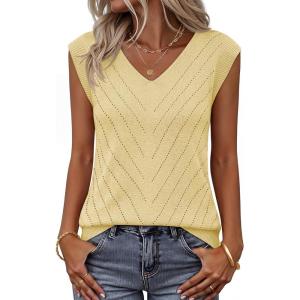 MEROKEETY Womens Summer V Neck Knit Tank Top 2026 Spring Sleeveless Sweater Vest Business Casual Shirt Outfit Fashion Clothes(Lightyellow)