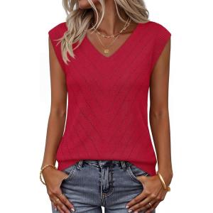 MEROKEETY Womens Summer V Neck Knit Tank Top 2026 Spring Sleeveless Sweater Vest Business Casual Shirt Outfit Fashion Clothes(Red)