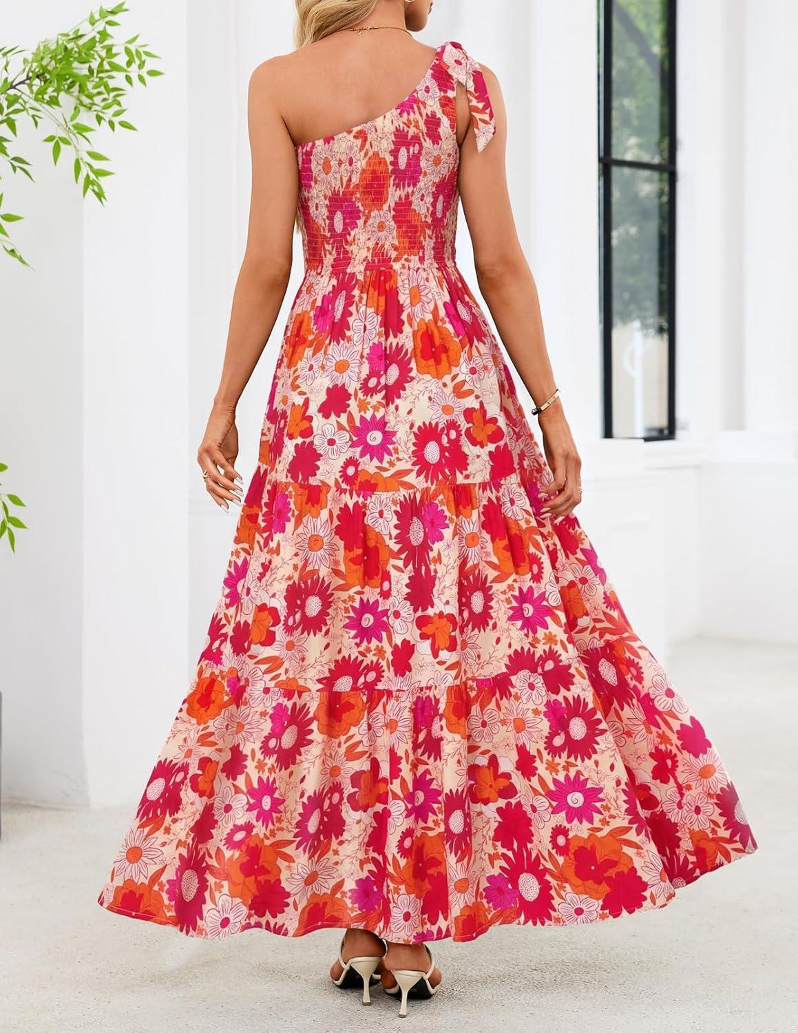 imageMEROKEETY Womens 2026 Summer Sleeveless Midi Dress One Shoulder Knot Smocked Split Formal Cocktail Wedding Guest DressesOrangefloral