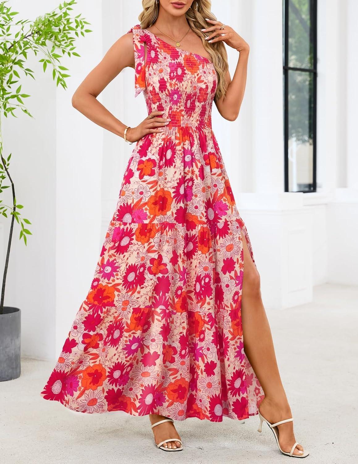 imageMEROKEETY Womens 2026 Summer Sleeveless Midi Dress One Shoulder Knot Smocked Split Formal Cocktail Wedding Guest DressesOrangefloral