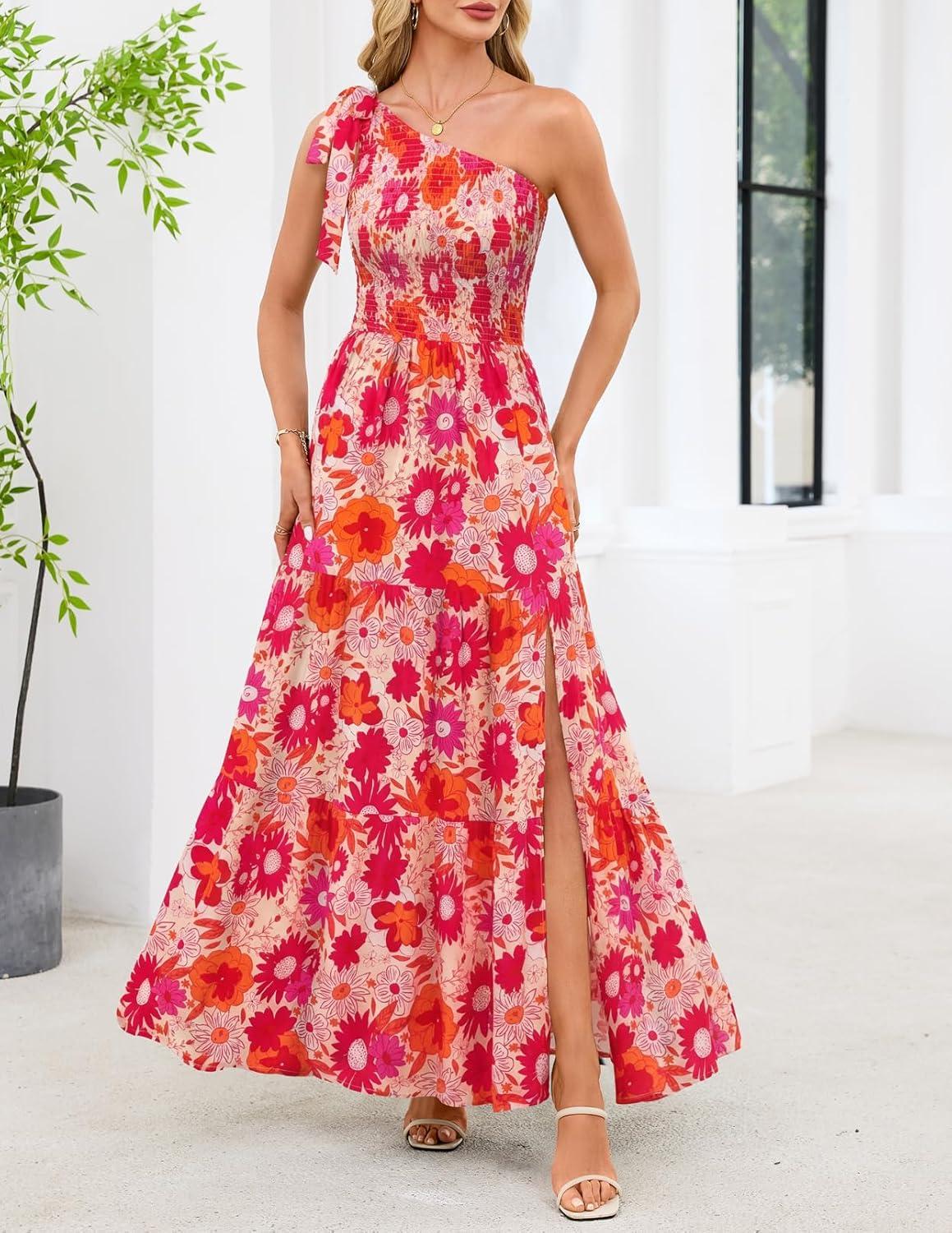 imageMEROKEETY Womens 2026 Summer Sleeveless Midi Dress One Shoulder Knot Smocked Split Formal Cocktail Wedding Guest DressesOrangefloral