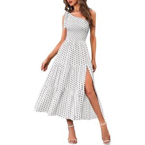 MEROKEETY Women’s 2026 Summer Sleeveless Midi Dress One Shoulder Knot Smocked Split Formal Cocktail Wedding Guest Dresses(Whiteblack)