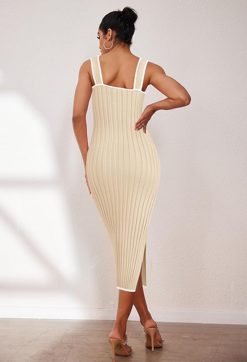imageMEROKEETY Womens Summer Striped Bodycon Midi Dress 2026 Beach Vacation Sleeveless Tank Ribbed Knit Baby Shower Sweater DressBeige