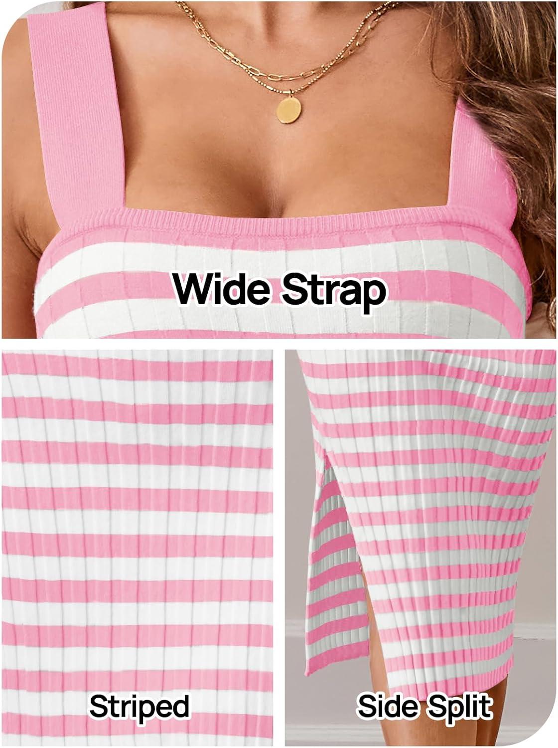 imageMEROKEETY Womens Summer Striped Bodycon Midi Dress 2026 Beach Vacation Sleeveless Tank Ribbed Knit Baby Shower Sweater DressPink