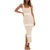MEROKEETY Womens Summer Striped Bodycon Midi Dress 2026 Beach Vacation Sleeveless Tank Ribbed Knit Baby Shower Sweater Dress(Newbeige)