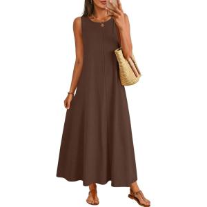 MEROKEETY Women’s 2026 Summer Maxi Dress Sleeveless Crewneck Casual Loose Beach Vacation Basic Long Sundress(Coffee)