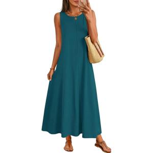 MEROKEETY Women’s 2026 Summer Maxi Dress Sleeveless Crewneck Casual Loose Beach Vacation Basic Long Sundress(Teal)