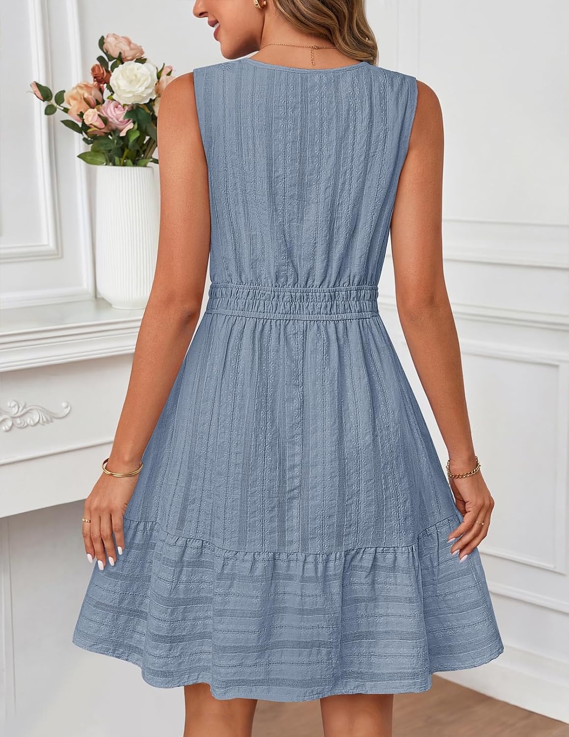 imageMEROKEETY Womens 2026 Summer Casual Mini Sundress Beach Vacation Sleeveless V Neck Flowy A Line Dress with PocketsDusty Blue