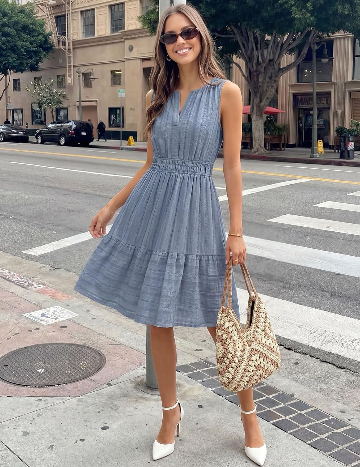 imageMEROKEETY Womens 2026 Summer Casual Mini Sundress Beach Vacation Sleeveless V Neck Flowy A Line Dress with PocketsDusty Blue