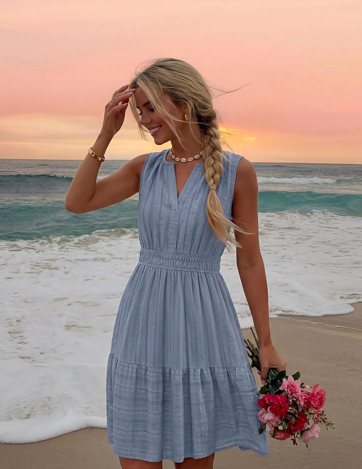 imageMEROKEETY Womens 2026 Summer Casual Mini Sundress Beach Vacation Sleeveless V Neck Flowy A Line Dress with PocketsDusty Blue