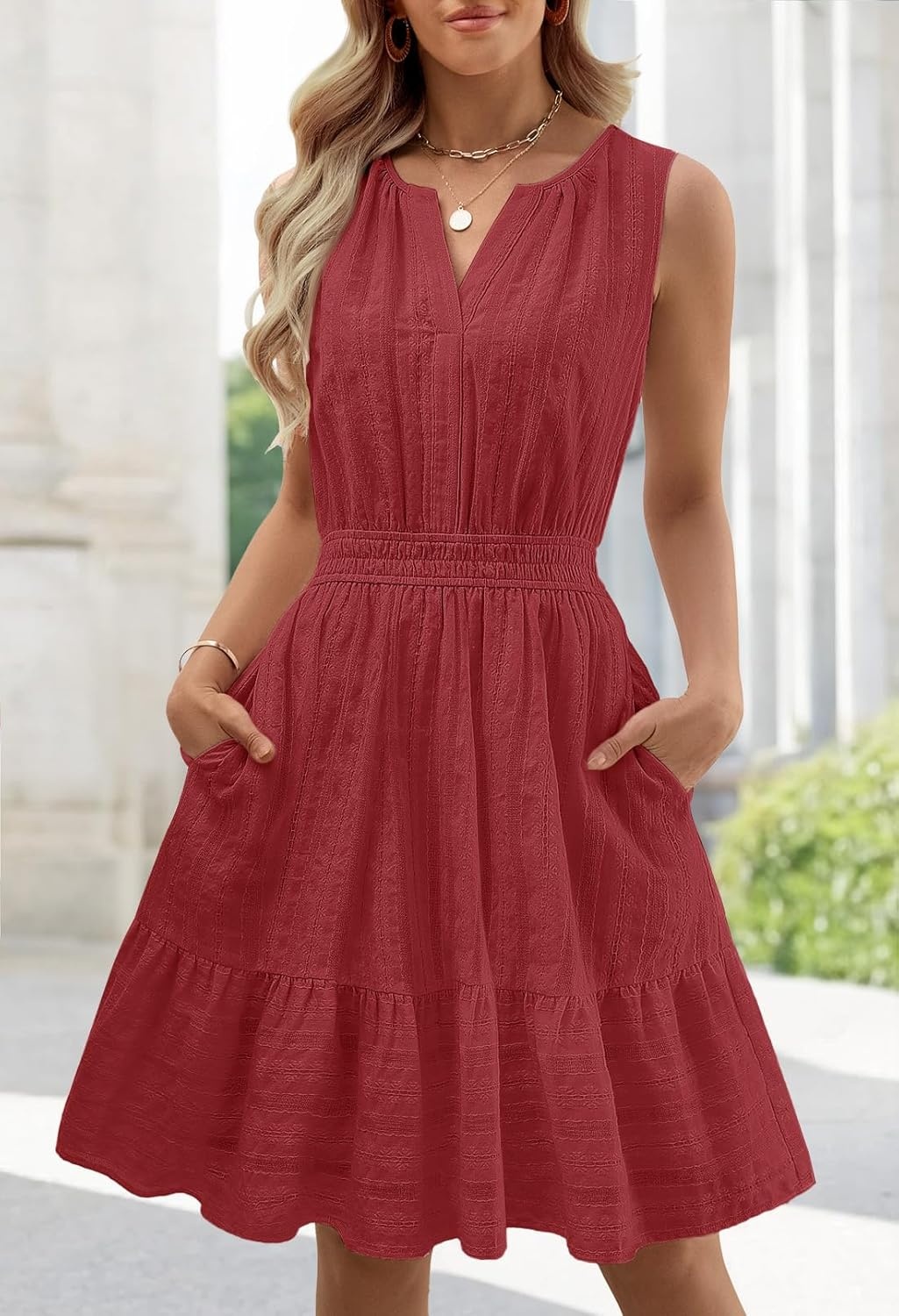 imageMEROKEETY Womens 2026 Summer Casual Mini Sundress Beach Vacation Sleeveless V Neck Flowy A Line Dress with PocketsRed