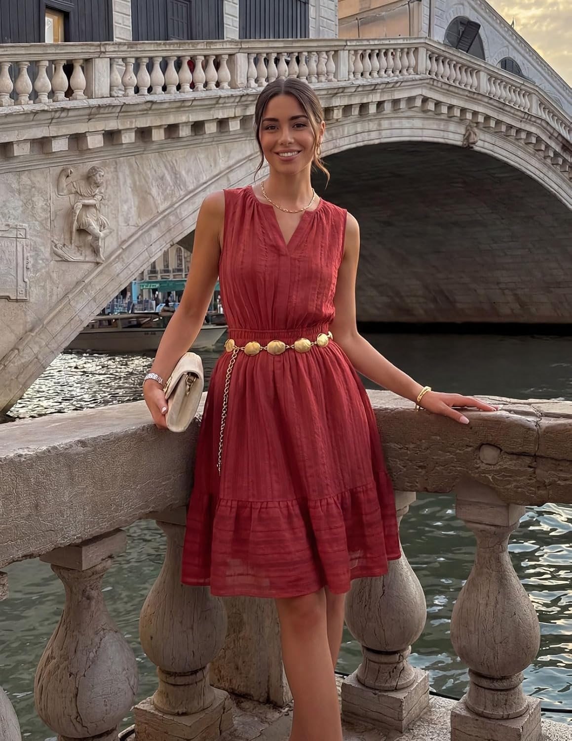 imageMEROKEETY Womens 2026 Summer Casual Mini Sundress Beach Vacation Sleeveless V Neck Flowy A Line Dress with PocketsRed