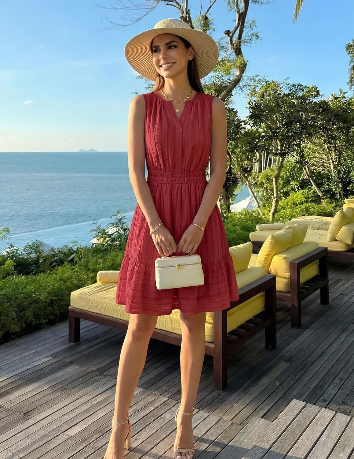 imageMEROKEETY Womens 2026 Summer Casual Mini Sundress Beach Vacation Sleeveless V Neck Flowy A Line Dress with PocketsRed