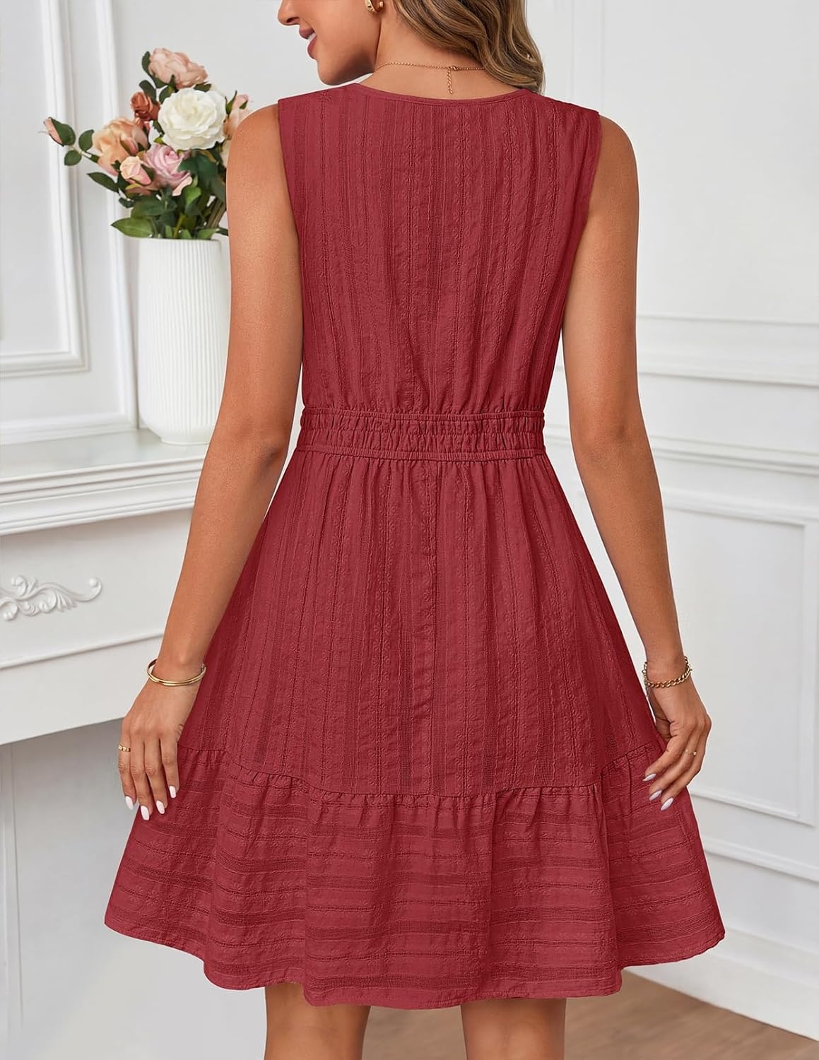 imageMEROKEETY Womens 2026 Summer Casual Mini Sundress Beach Vacation Sleeveless V Neck Flowy A Line Dress with PocketsRed