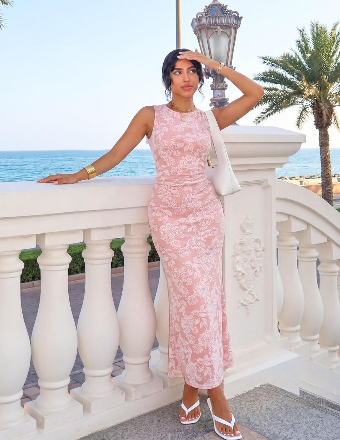 imageMEROKEETY Womens Summer Wedding Guest Maxi Dress 2026 Sleeveless Floral Bodycon Mesh Cocktail Formal Party Long DressesLightpink