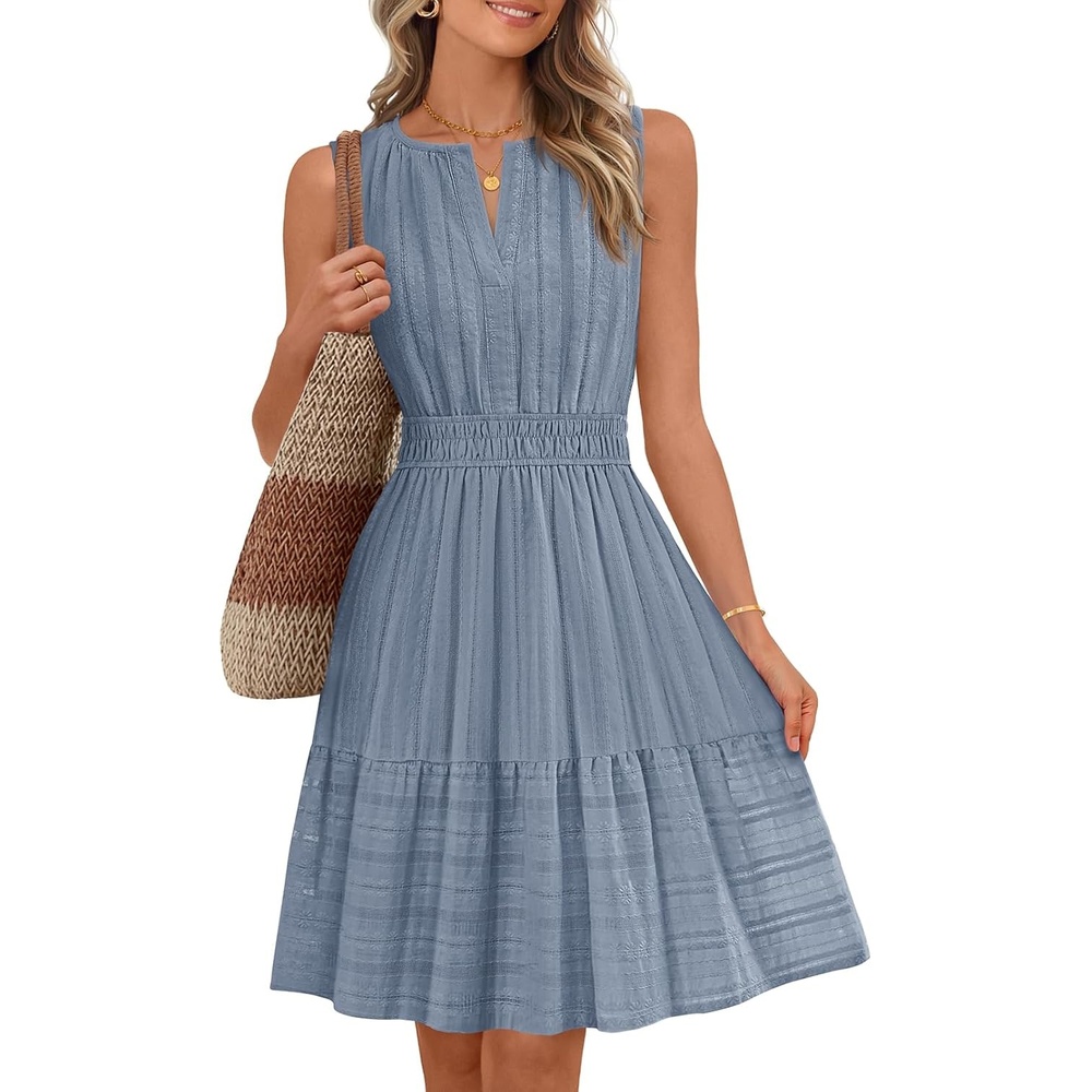 imageMEROKEETY Womens 2026 Summer Casual Mini Sundress Beach Vacation Sleeveless V Neck Flowy A Line Dress with PocketsDusty Blue