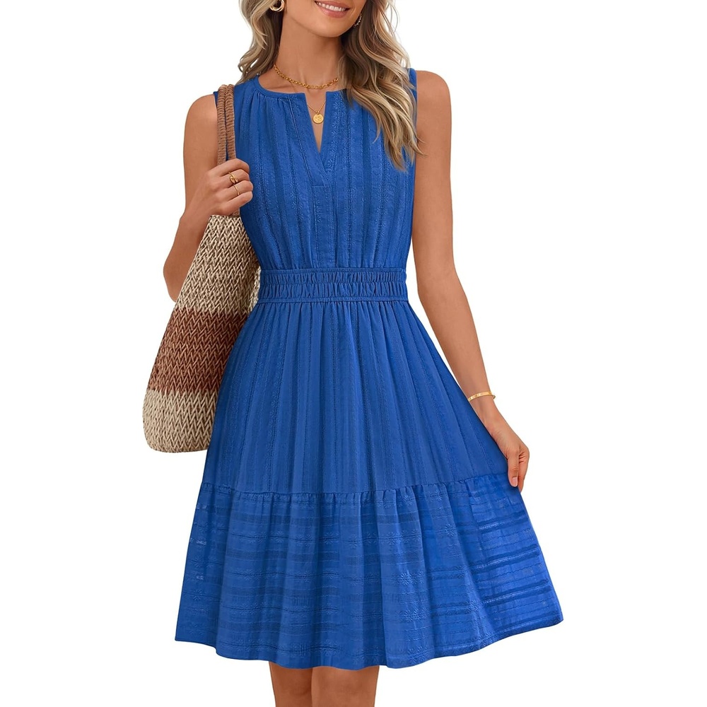 imageMEROKEETY Womens 2026 Summer Casual Mini Sundress Beach Vacation Sleeveless V Neck Flowy A Line Dress with PocketsRoyalblue