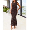 MEROKEETY Women’s Summer Wedding Guest Maxi Dress 2026 Sleeveless Floral Bodycon Mesh Cocktail Formal Party Long Dresses(Brown)