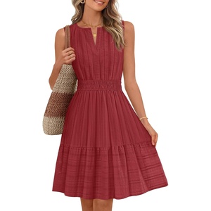 MEROKEETY Women’s 2026 Summer Casual Mini Sundress Beach Vacation Sleeveless V Neck Flowy A Line Dress with Pockets(Red)