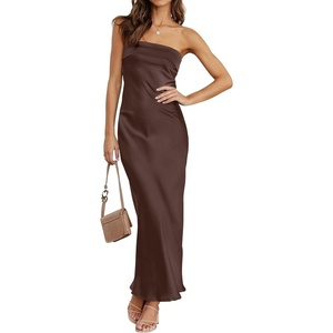 MEROKEETY Women’s Summer Satin Strapless Bodycon Dress 2026 Backless Tube Wedding Guest Cocktail Formal Party Maxi Dresses(Coffee)