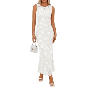 MEROKEETY Women’s Summer Wedding Guest Maxi Dress 2026 Sleeveless Floral Bodycon Mesh Cocktail Formal Party Long Dresses(White)