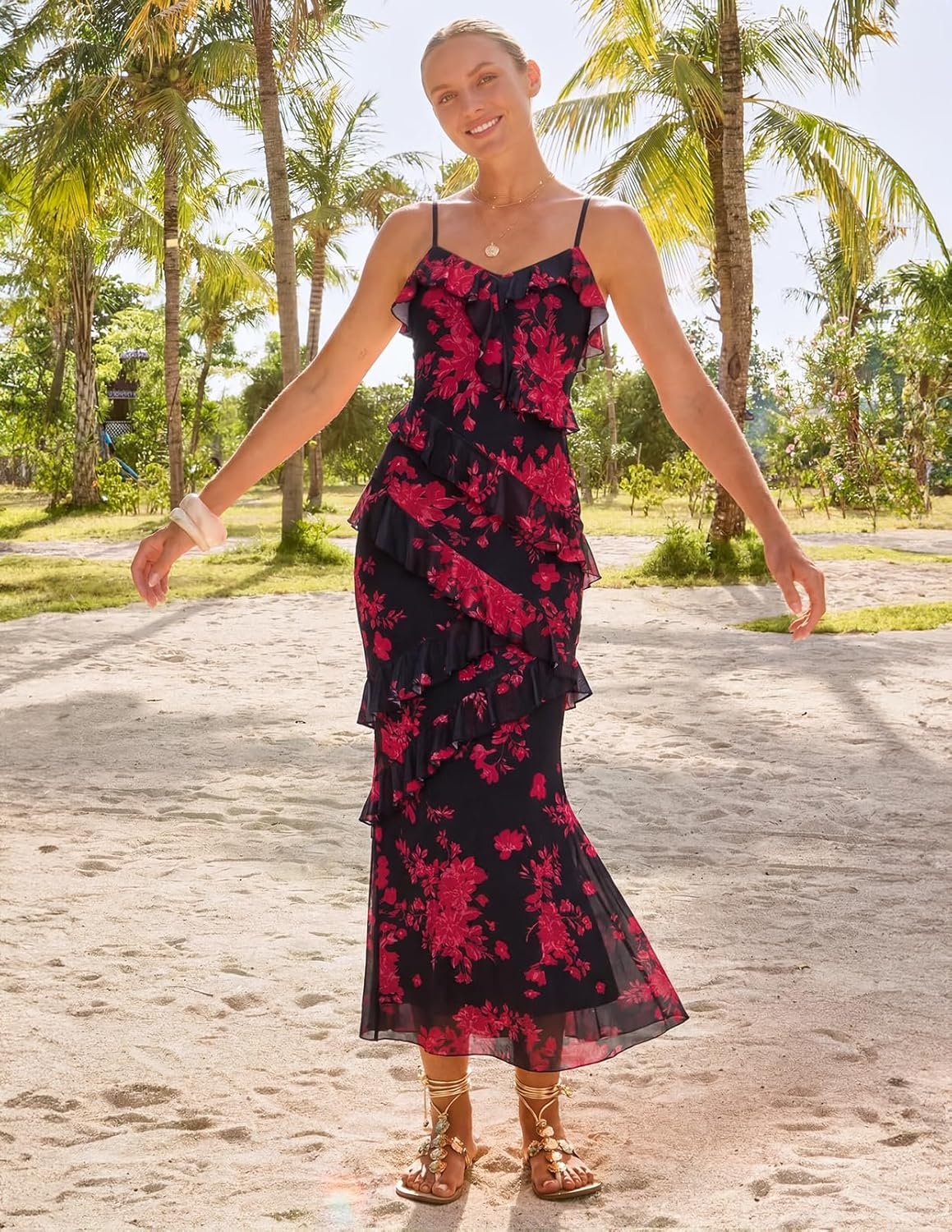 image:imageMEROKEETY Summer Floral Wedding Guest Maxi Dress Women 2026 Vacation Formal Bodycon Spaghetti Strap Cocktail Party Long DressBlackred