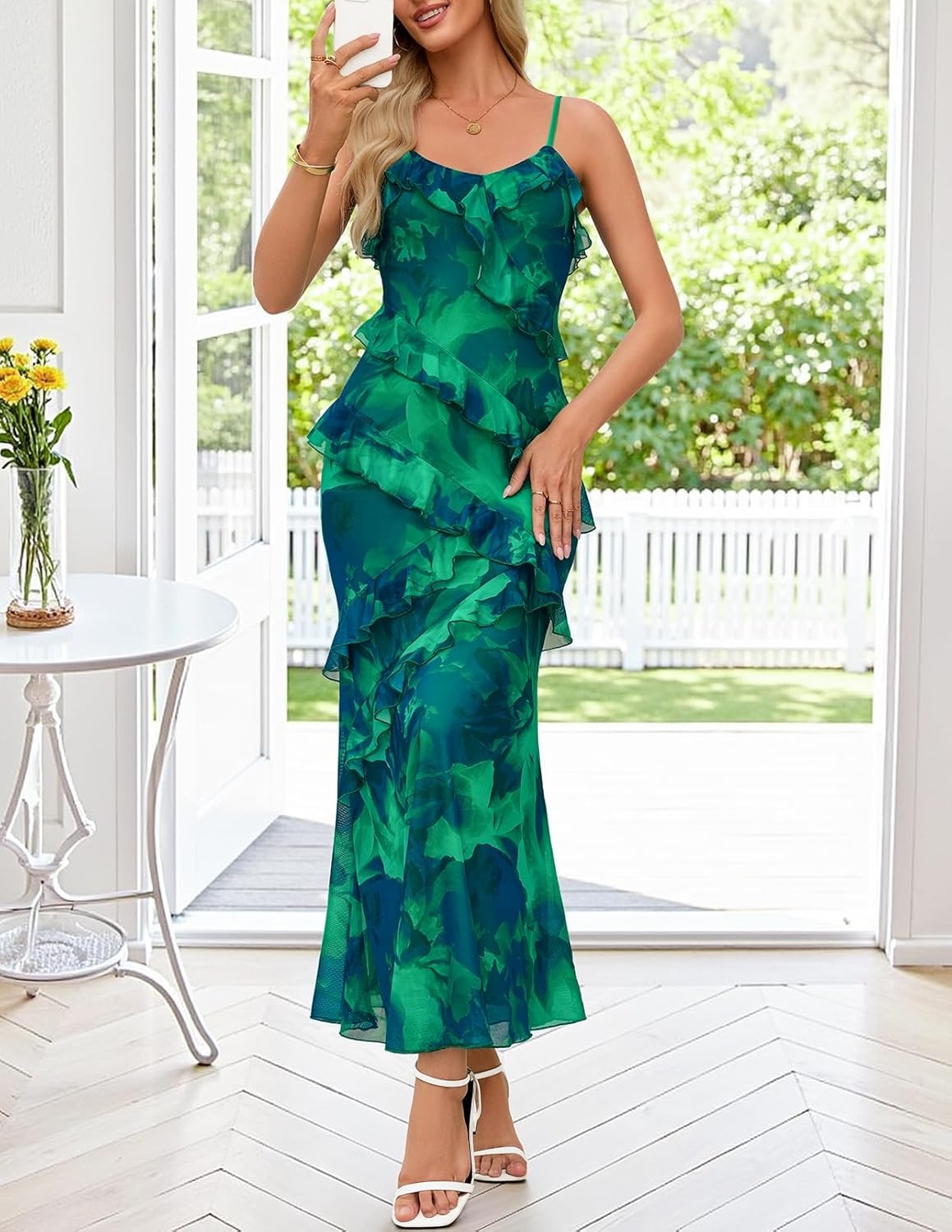 image:imageMEROKEETY Summer Floral Wedding Guest Maxi Dress Women 2026 Vacation Formal Bodycon Spaghetti Strap Cocktail Party Long DressGreen
