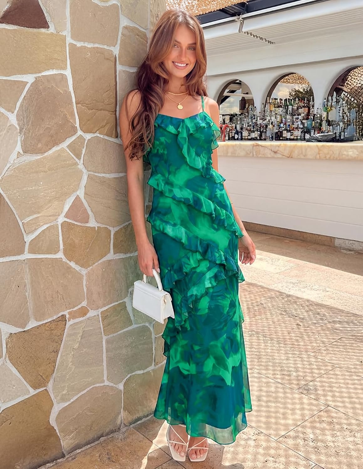 image:imageMEROKEETY Summer Floral Wedding Guest Maxi Dress Women 2026 Vacation Formal Bodycon Spaghetti Strap Cocktail Party Long DressGreen